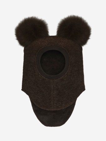 Balaclava wool alpaca pompoms, dark brown melange, Huttelihut