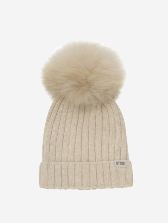 Hat knit alpaca pompom, sand melange, Huttelihut