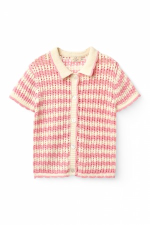 Crochet t-shirt cardigan, pink/cream, Copenhagen colors